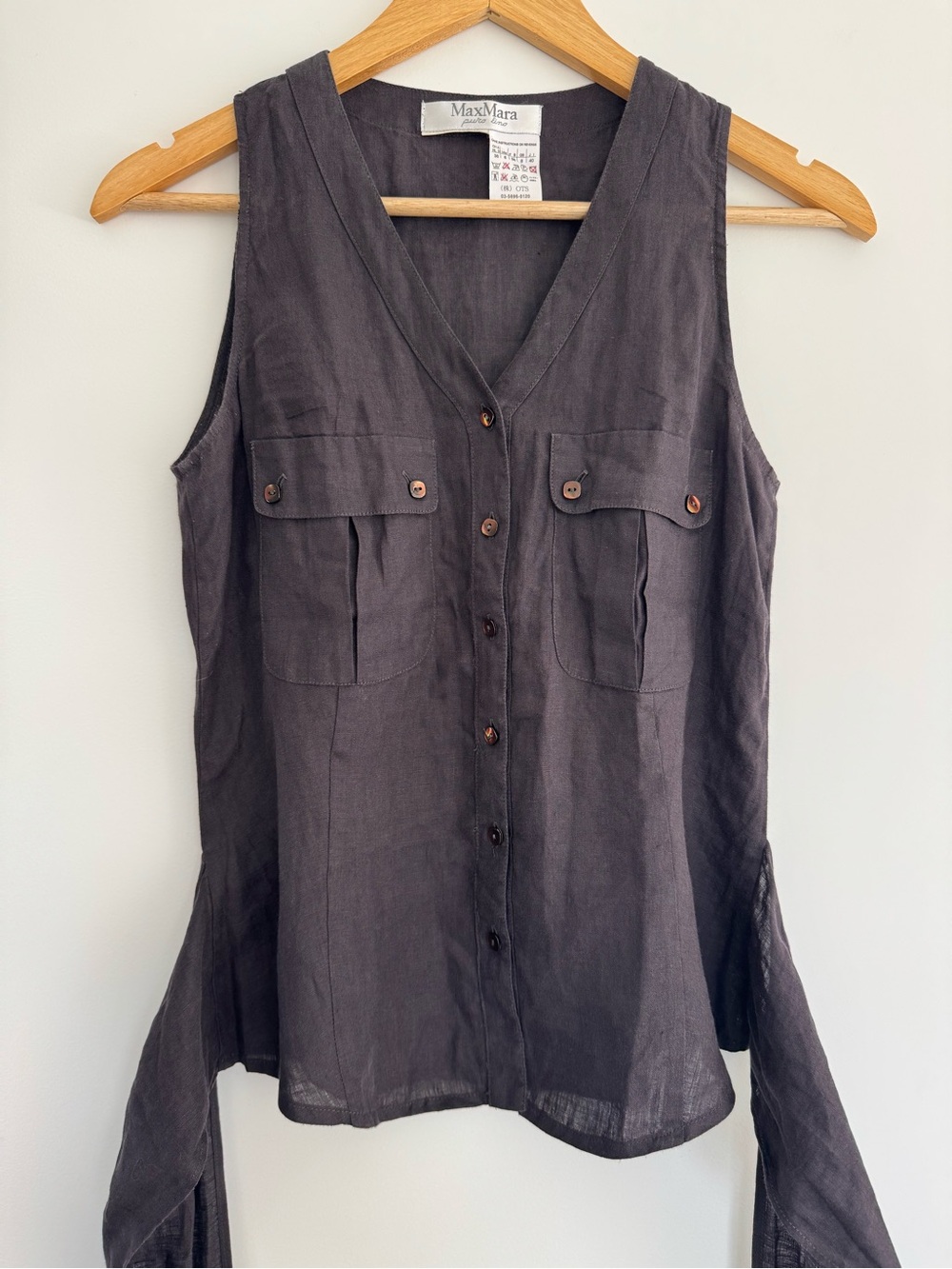 Max Mara 100% linen brown button down sleeveless tie up blouse